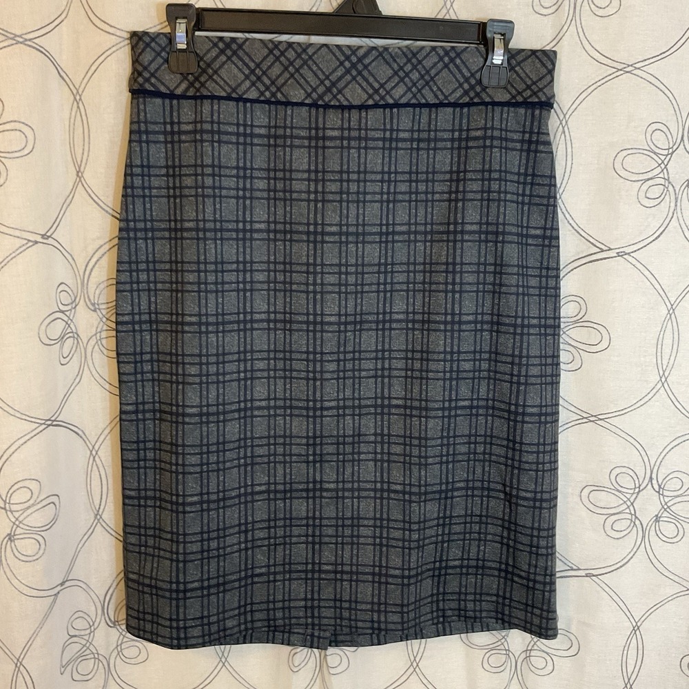 Women's Roz & Ali Navy Grey Plaid Pencil‎ Skirt Knee Length Stretch Size Small